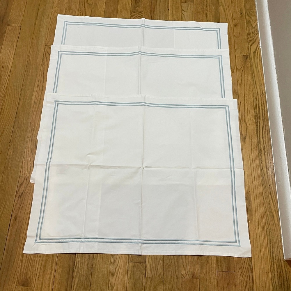Restoration Hardware White Blue Embroidered Italian Cotton Pillow Shams Set of 3